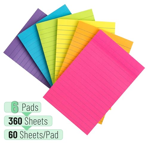 Mr. Pen- Lined Sticky Notes, 4" x 6", 6 Pads, 45 Sheets/Pad | Sticky Notes with Lines, Ruled Post Stickies, Memo Pads, Self-Stick Note Pad for Office, School, Home, Study - color: Vibrant, size: 4 x 6 inches, 6 Pads