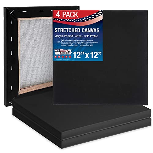 U.S. Art Supply 12"x12" Black Stretched Canvas for Painting, 3/4", 4-Pack - size: 12" x 12"
