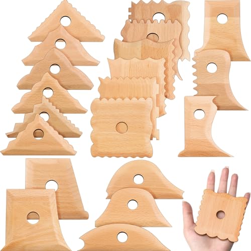 GlikCeil 20 Pcs Pottery Ribs Trimming Tools for Clay Shaping Ceramics Molds | Beech Wood Shaper for Clay Texture Carving, Foot Rib Set for Sculpting Smoothing, Serrated Wave Curved Tool Scrapers