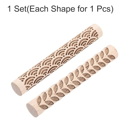 HARFINGTON 2pcs Wood Clay Roller 4"Water Wave Leaf Pattern Rolling Pins Pottery Tools Wood Grain Texture Rollers for Clay Baking Dough Playdough DIY - style: Water Wave + Leaf