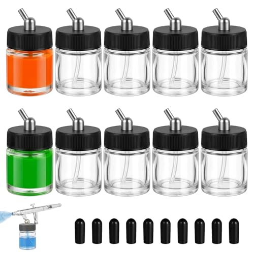 10pk 0.75oz Glass Airbrush Bottles, 30° Siphon with Silicone Caps | 10 glass jars with 30° siphon adapter, 10 silicone caps seal paint & block dust, fits Iwata/Master/Badger,easy-clean bulk set - size: G2P