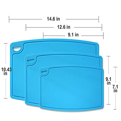 Liflicon Silicone Thick Cutting Boards Mats Set of 3pcs Foldable & Flexible Design Juice Grooves Easy Grip Handle Dishwasher Safe for Kitchen,BPA free Chif-Blue - color: Blue, size: S+M+L