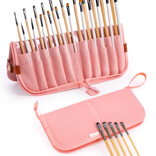 Paint Brush Holder Case for Artists with 22 Slots, Brush Organizer with Pop-Up Stand, Travel Paintbrush Storage Bag for Acrylic Oil Watercolor, Zippered Art Brush Cover (Brushes Not Included) - color: Pink, size: Medium 6*11"