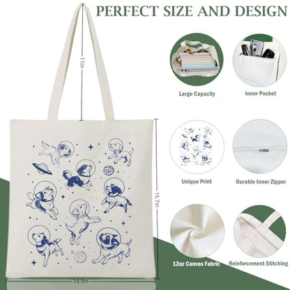 Canvas Aesthetic Tote Bag for Women with Inner Pocket Totes Shoulder Book Bag Shopping Reusable Grocery Bags - color: Dogs in Space