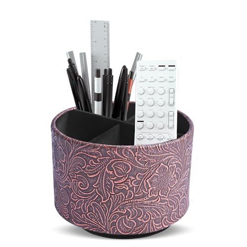 Round Leather Art Supply Organizer,Remote Control Holder,360 Degree Spinning,Multi-Functional Pencil Holder,4 Compartments Desktop Stationary Organizer(1-Carved Cooper Red) - color: 1-Carved Cooper Red