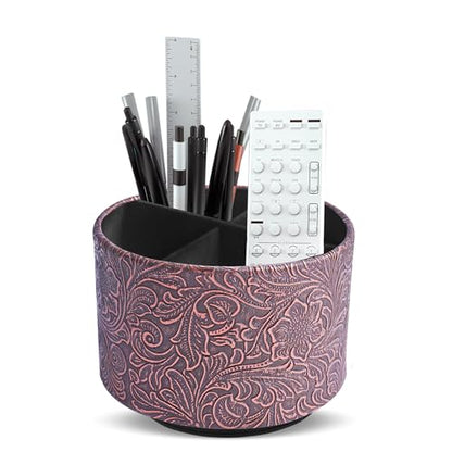Round Leather Art Supply Organizer,Remote Control Holder,360 Degree Spinning,Multi-Functional Pencil Holder,4 Compartments Desktop Stationary Organizer(1-Carved Cooper Red) - color: 1-Carved Cooper Red