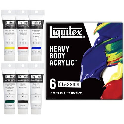 Liquitex Heavy Body Acrylic Paint Set, Classic 6 x 59ml (2-oz) Set | High Viscosity, Pigment Rich, Ideal for Impasto & Texture, Satin Finish, Permanent Color, Crisp Brush Strokes & Knife Marks - size: 12 Fl Oz (Pack of 1), style: Classic Set 6 x 59ml (2-o