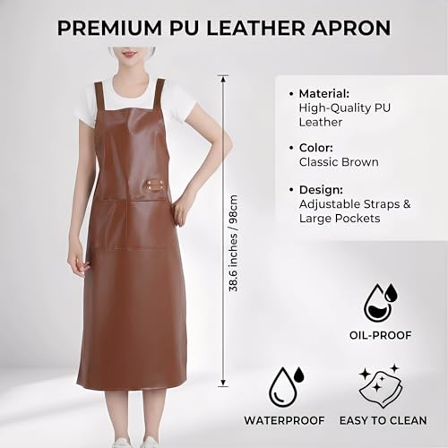 Waterproof Apron Large Pocket PU Material Waterproof Oil-proof Dust-proof Apron Black and Red - color: Brown（long）