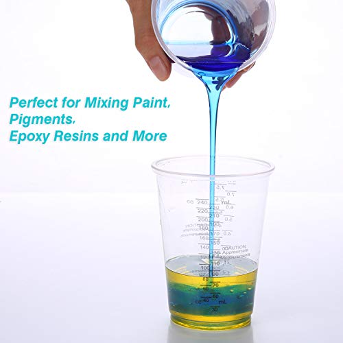 XUXU 50pcs 8oz Graduated Clear Plastic Measuring Cups with Wooden Stirring Sticks for Mixing Paint, Pigments, Epoxy Resins, Resins