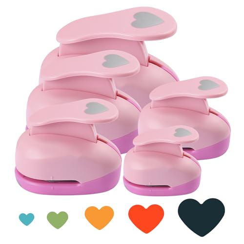 Heart Paper Punch Set, 3/8 inch, 5/8 inch, 1 inch, 1.5 inch, 2 inch, 5 Different Size Heart Punches for Crafting Designs, Office Supplies, Card Making, DIY Albums, Photos - color: Pink
