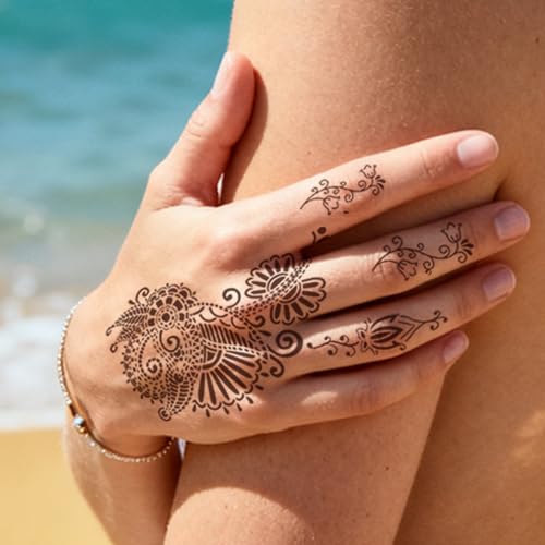 10 Sheets Temporary Tattoos Stencils, Reusable Hand Henna Tattoo Template - color: Deep Black