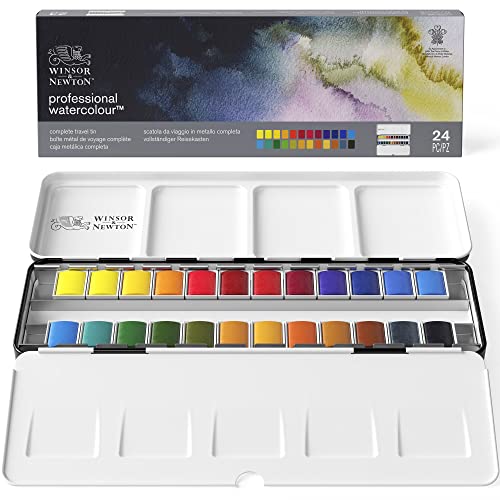Winsor & Newton Professional Watercolor Paint Set, Complete Travel Tin - style: Lightweight Metal Box 24 Half Pan