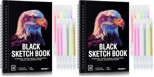 30 Sheets Black Paper Sketchbook with 12 Color Gel Pen Set, 98lb/160gsm Heavyweight Black Sketch Pad 5.5×8.5in, Acid-Free Drawing Paper, Spiral Bound Sketch Book for Kids, Teens, Artist (Pack of 2) - size: 5.5×8.5in Set (Pack of 2)