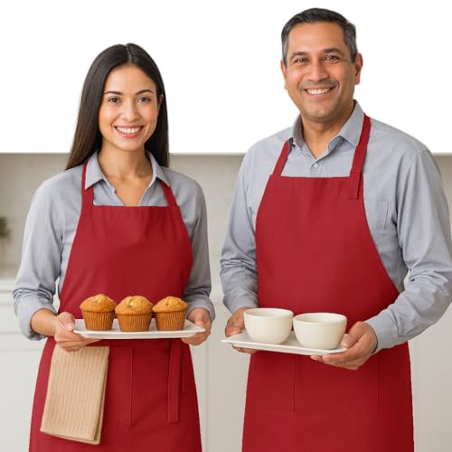 Native Fab Kitchen Apron 2 Pack - 100% Cotton Adjustable, Durable Apron with Pockets, Perfect for Cooking, Baking, Grilling - color: Red