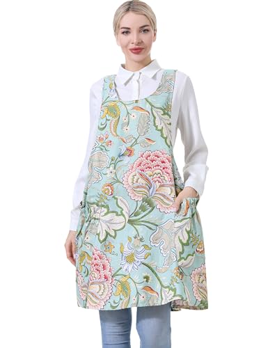 Cozy Adjustable Cross Back Aprons for Women with Pockets Cotton Linen Cooking Kitchen Baking - color: Green Flower