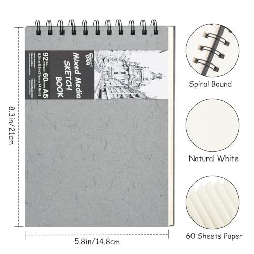 8.3x5.8 Sketch Book,Art Sketchbook for Drawing Pad,Mixed Media Sketchbook - color: TopSpiral-NatureWhite-Grey