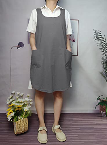 Cotton Cross Back Aprons Solid Color Cooking Kitchen Garden Smock for Women Girls with Pockets - color: Darkgrey