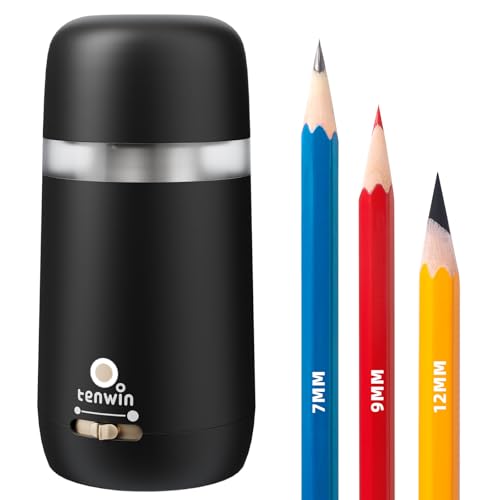 tenwin Electric Pencil Sharpener for 7-12mm Pencil Built-in Breathing Light | Fully Automatic, Rechargeable Pencil Sharpener Cordless, Handsfree Auto in&Eject, 3 Selectable Adjustable Pencil Nibs - color: Black