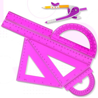 Zonon 1 Set Plastic Geometry Math Set 7 Pcs Includes 6'' / 4 '' Protractor, Drawing Compass, 45/60 Degree Triangle Rulers, 12'' / 6'' Math Ruler Transparent for Office Supplies(Purple) - color: Purple