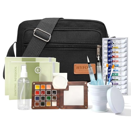 Mini Portable Watercolor Palette,Travel Paint set,15 Grids Portable Wooden Paint Palett with Bag,Paint, Brush, Cleaner Cup,2 Sketchbooks & Magnetic Clip,Watercolor for Painters,Artists