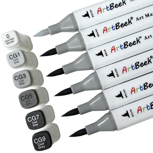 ArtBeek 6pcs Gray Alcohol Markers, Brush Tip Art Markers for Building Interior Design Drawing - color: Gray