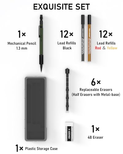 Four Candies 1.3mm Mechanical Pencil Set with 24 Lead Refills, Metal Weatherproof Heavy Duty Outdoor Carpenter Pencil, Eraser, 6 Eraser Refills for Architect Drafting Woodworking Marking with Case - size: 1-Pack, style: Olive Green
