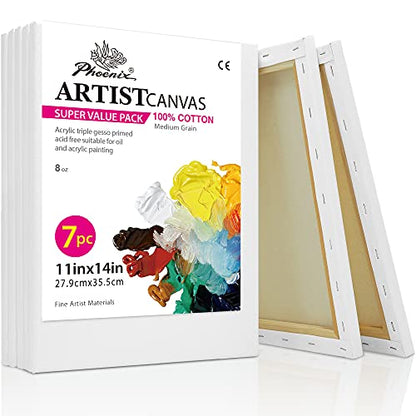 PHOENIX Stretched Canvas for Painting 11x14 Inch/7 Value Pack, 8 Oz Triple Primed 5/8 Inch Profile 100% Cotton White Blank Canvas, Artist Framed Canvas for Oil Acrylic & Pouring Art - size: 11"x14", style: Studio Set (8 Oz.)
