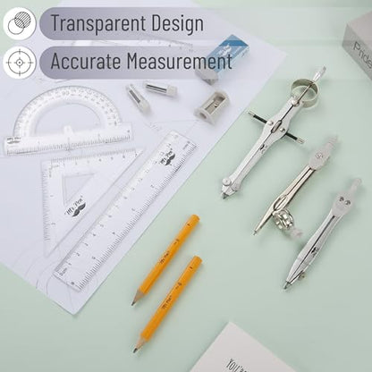 Mr. Pen- Geometry Set, 13 pcs, 3 Metal Compasses, Protractor, 6" Ruler | 45° & 30°/60° Set Squares, Pencils, Lead Refills, Sharpener & Eraser for Math, Drafting & Classroom Use | 45° & 30°/60° Set Squares, Pencils, Lead Refills, Sharpener & Eraser for Mat