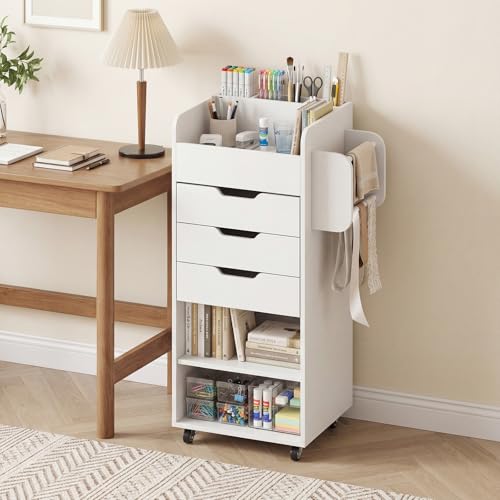 Giantex Craft Storage Cart - Utility Organizer Cart with 3 Drawers, 3 Shelves, 3 Slotted Compartments, 2 Rolling Rods, Crafting Sewing Cabinet on Wheels for Wrapping Paper Scrapbook Ribbon (White) - color: White