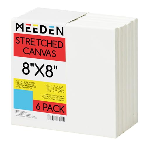 MEEDEN Stretched Canvas, 8 × 8 Inch, Pack of 6, Blank White Canvases for Painting, 100% Cotton, 8 oz Gesso-Primed, Pre-Stretched Canvas for Acrylic Oil Pouring & Airbrushing Painting - size: 8''x8''- 6 Pack