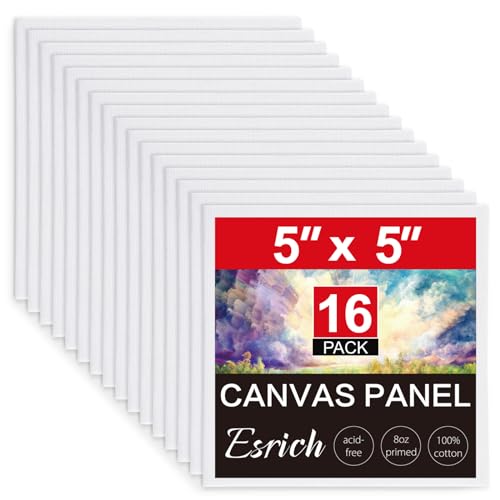 ESRICH Canvas Boards for Painting, 16 Pack Canvases 5x5 100% Cotton Small Paint Canvas Primed Acid Free Mini Blank Canvas Panels for Oil, Watercolor, Acrylic, Gouache & Tempera - size: 5x5in 16pack