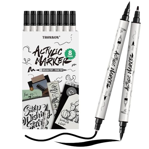 TRANSON 8 Pack Black Brush and Fine Dual-tip Acrylic Paint Marker for DIY Glass Canvas Wood Leather Ceramic Rock Painting - color: 8 Black