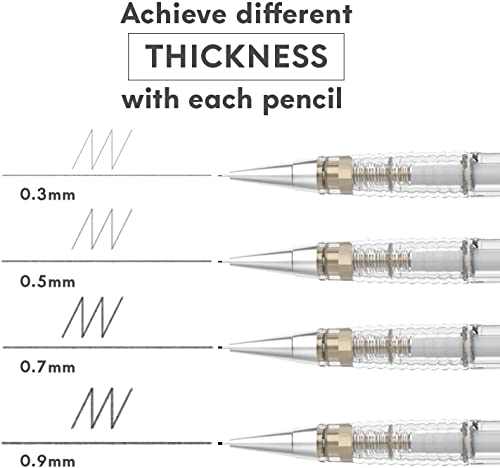 MozArt Mechanical Pencil Set 4 Sizes 0.3 0.5 0.7 0.9mm HB Lead Clear | 30 HB Lead & Eraser Refills – Sketch, Drafting, Art & Drawing for Artists, Students & Architects – Clear Transparent Body - color: Clear