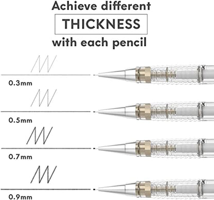 MozArt Mechanical Pencil Set 4 Sizes 0.3 0.5 0.7 0.9mm HB Lead Clear - color: Clear