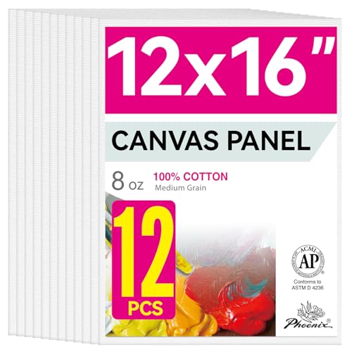 PHOENIX Painting Canvas Panels 12x16 Inch, 12 Value Pack - 8 Oz Triple Primed 100% Cotton Acid Free Canvas Boards for Painting, White Blank Flat Canvas Boards for Acrylic, Oil Paints - color: White, size: 12" x 16"