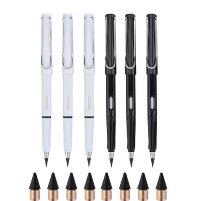 6 Sets Everlasting Pencil, Infinity Pen, NO-Sharpening Pencils for Writing Drawing Students Sustainable for Home Office School Supplies (6 Pens + 6 Erasers + 8 Replaceable Nibs) - color: Black+White