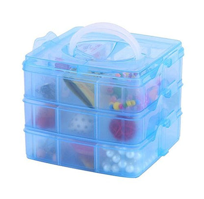 Kamay's Medium 3 Tier Stackable Adjustable Compartment Slot Bead Craft Jewellery Tool Storage Organiser Snap-lock Tray Container, with 18 Compartments, Container Box Blue - style: Medium 3 Tier 18 Compartments Blue