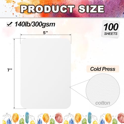 PATIKIL 100 Sheets Cotton Watercolor Paper 140lb/300 GSM Cold Press Water Coloring Paint Paper Round Corner for Art Painting Watercolor Drawing Artist, 5x7 Inch - size: 5x7 Inch