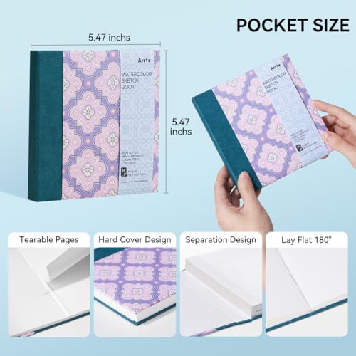 Arrtx Square Watercolor Sketchbook, 5.47" Cold Press | 140LB/300GSM, 100% Cotton, Hardcover, 24 Sheets. Ideal Travel Notebook for Artists, Adults, and Students - size: 5.47x5.47''