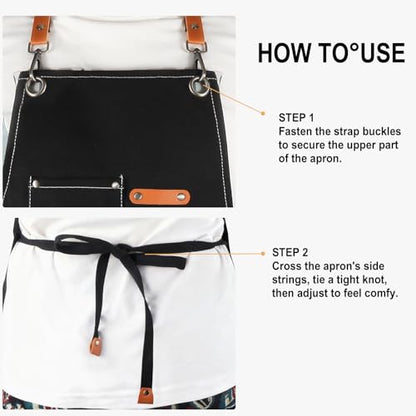 Men's Canvas Tool Apron, Heavy Duty Multi-Pocket Work Apron for Woodworking Gardening Bartender Adjustable Straps - color: Black