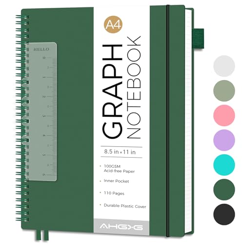 AHGXG Spiral Graph Paper Notebook, 110 Pages, A4 (8.5" x 11") | 100 gsm Thick Grid Paper, Waterproof Plastic Cover, for School Writing Engineering (Green) - color: Green, style: A4-Graph
