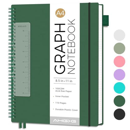 AHGXG Spiral Graph Paper Notebook, 110 Pages, A4 (8.5" x 11") | 100 gsm Thick Grid Paper, Waterproof Plastic Cover, for School Writing Engineering (Green) - color: Green, style: A4-Graph