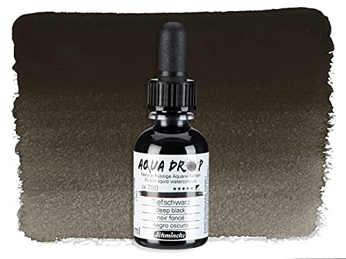 Schmincke - AQUA DROP, liquid, pigment-based watercolorcolour, deep black in 30 ml pipette bottle, 24780034, for watercolorpainting, urban sketching, calligraphy, handlettering, lightfast - color: 780 deep black