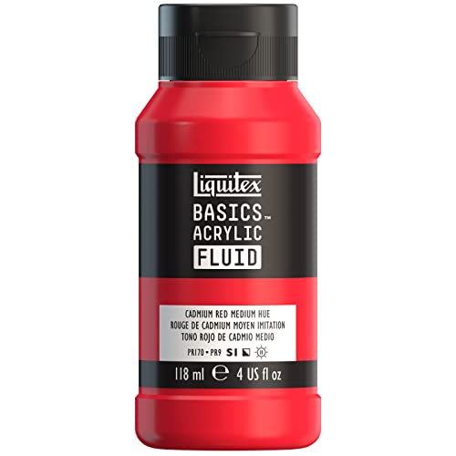 Liquitex BASICS Acrylic Fluid Paint, 4-oz Bottle, Cadmium Red Medium Hue | Super Versatile, Fine Art Pigments; Fluid Consistency, Vibrant satin colors, Permanent, Lightfast, Water-Resistant Finish - color: Cadmium Red Medium Hue, style: 118ml (4-oz)