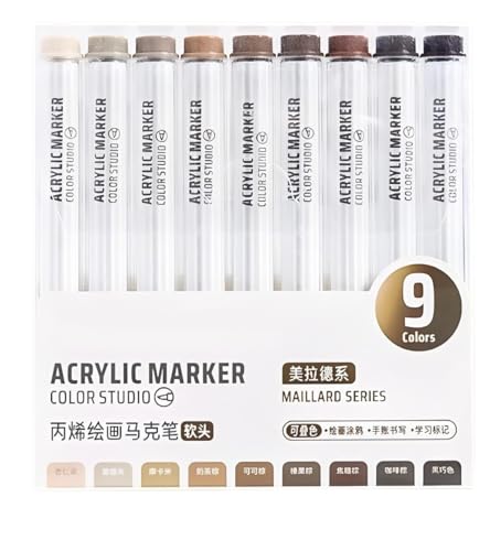 Brown Acrylic Paint Pen Markers, 9 Colors Soft Brush Tip Paint Pens for Wood Glass Eggs Rock Painting Canvas Stone Fabric DIY Crafts Making Art Supplies (Brown) - color: Brown