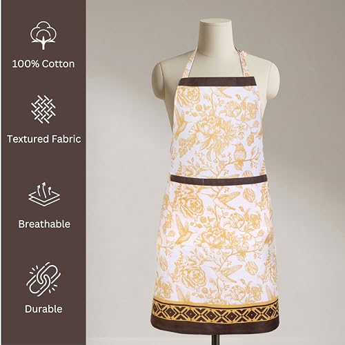 FINGERCRAFT Apron, Dual Pocket, Adjustable Tie, Multipurpose Washable Bib Apron for Home, Kitchen, Chef and Professionals - color: Bloom Gold Ochre