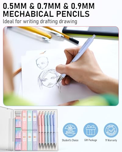Nicpro 6PCS Pastel Mechanical Pencil Set, Cute Pencils 0.5 & 0.7 & 0.9 mm - style: 6 Pack (0.5mm+0.7mm+0.9mm)