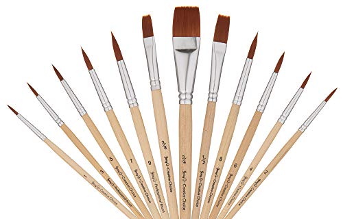 Jerry Q Art 12 PC Brown Synthetic Hair Round and Flat Paint Brush Set with Short Wood Handles for Acrylic, Watercolor and All Media JQ59831