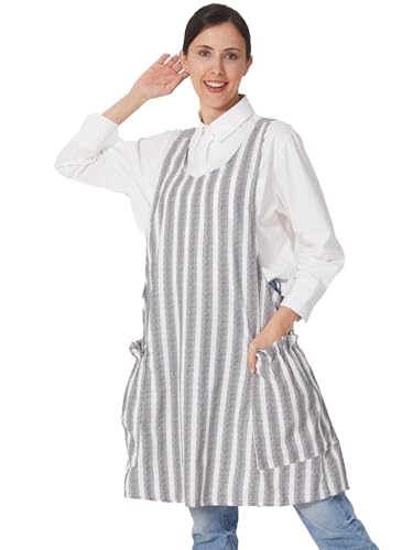 Cozy Adjustable Cross Back Aprons for Women with Pockets Cotton Linen Cooking Kitchen Baking - color: Grey Stripes