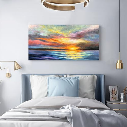 Art Hand-Painted Sea Sunset Landscape Modern Abstract Oil Painting on Canvas Art Hall Bedroom Office Wall Decoration 24x48 Inches - color: Yi044